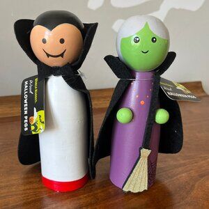 2 World Market Wood Peg Halloween Icon Decor Figurines | Witch and Vampire 6.5"